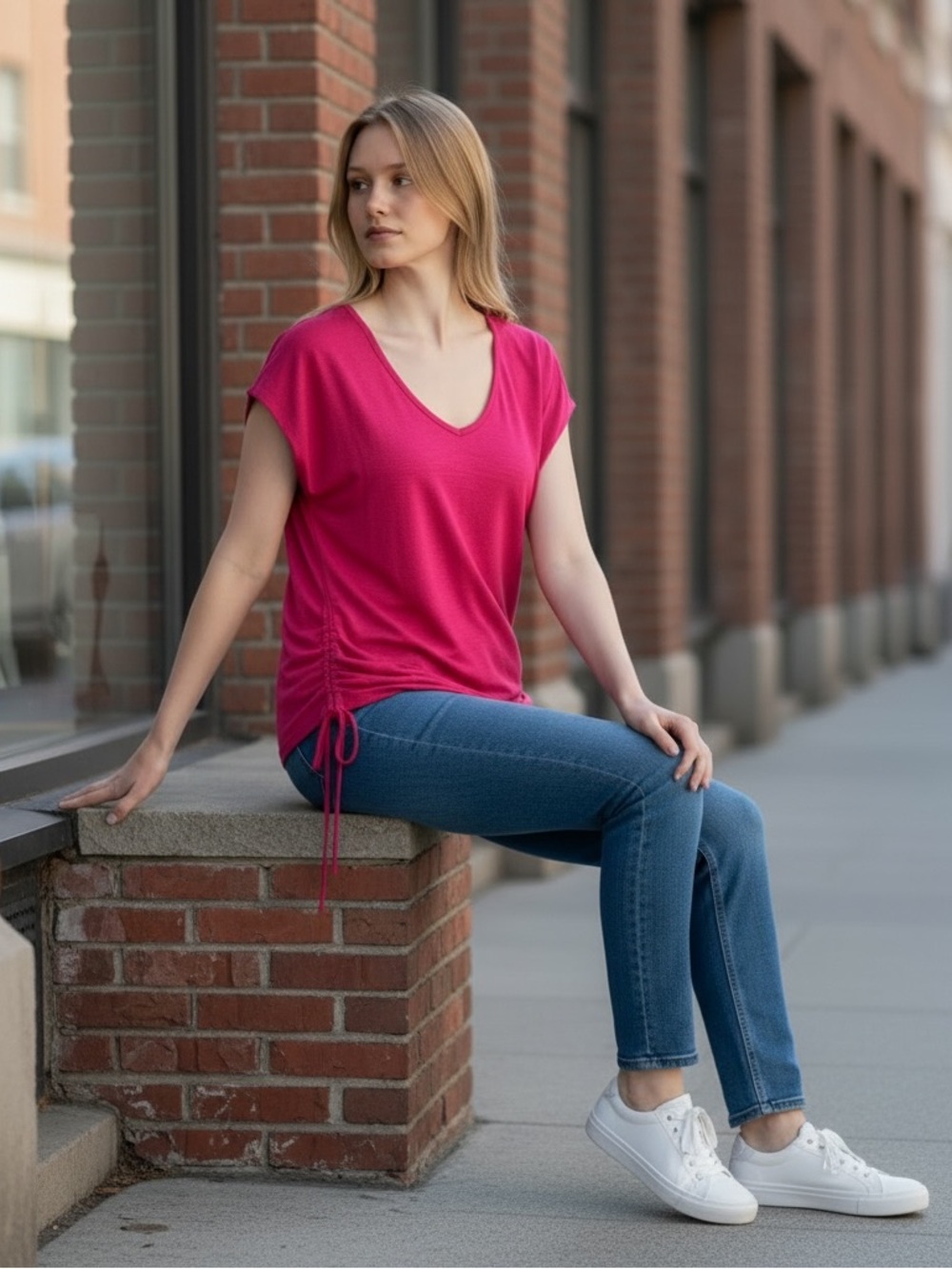 MAX STUDIO LONDON Hibiscus V-Neck Ruched Side-Tie Tee